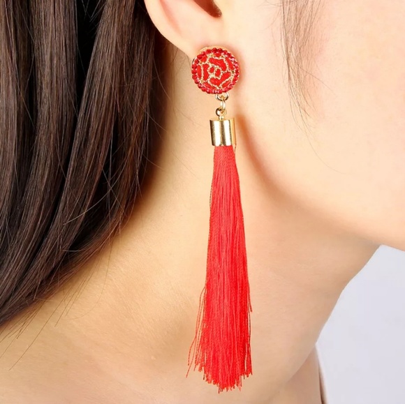 Long Fringe Tassel Statement Rhinestone Earrings - Picture 3 of 4